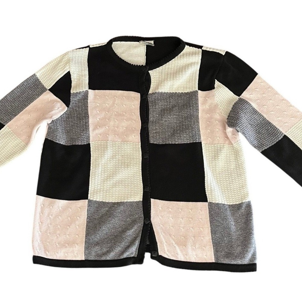 Alison Daley Petite‎ Patchwork Cardigan Medium Sweater Black Cream Pink Gray